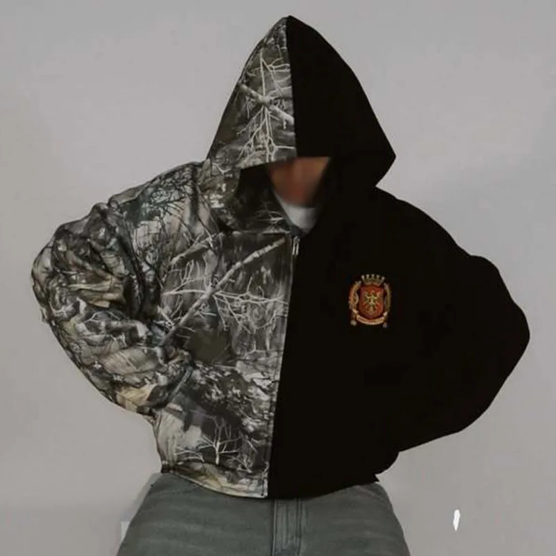 Y2k camo costura logotipo bordado manga longa cardigan hoodie europeu americano moda vintage rua solta moletom casual