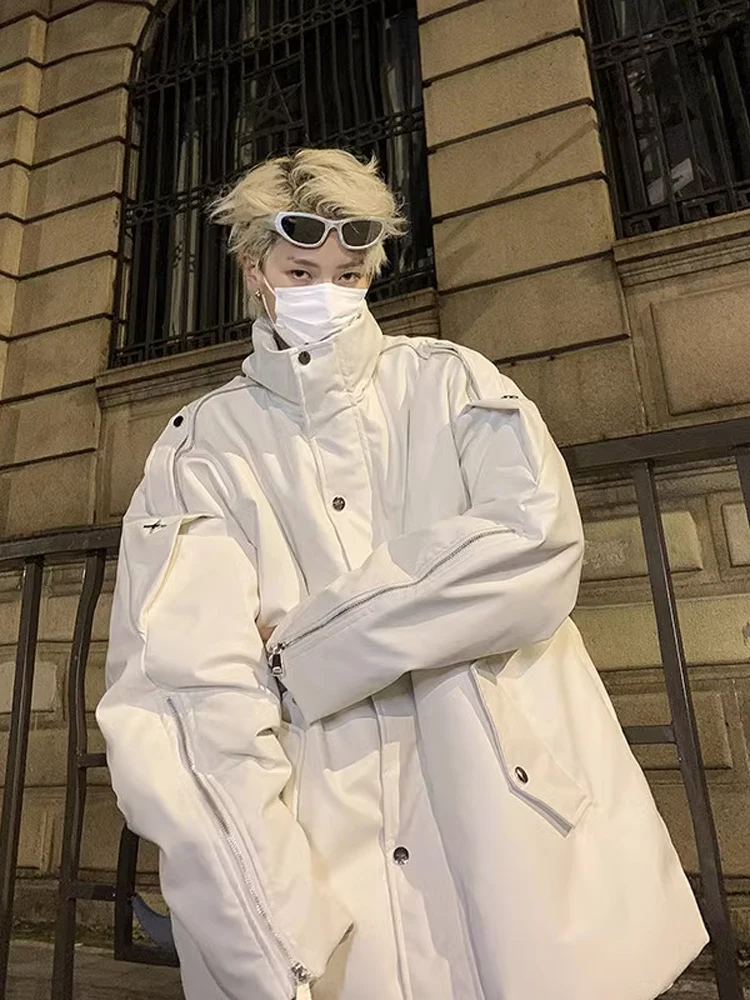 Jaket Pria Musim Dingin Kulit PU Putih Berlapis Kapas Gaya Amerika High Street Oversize Kerja Kerah Tegak Mantel Katun