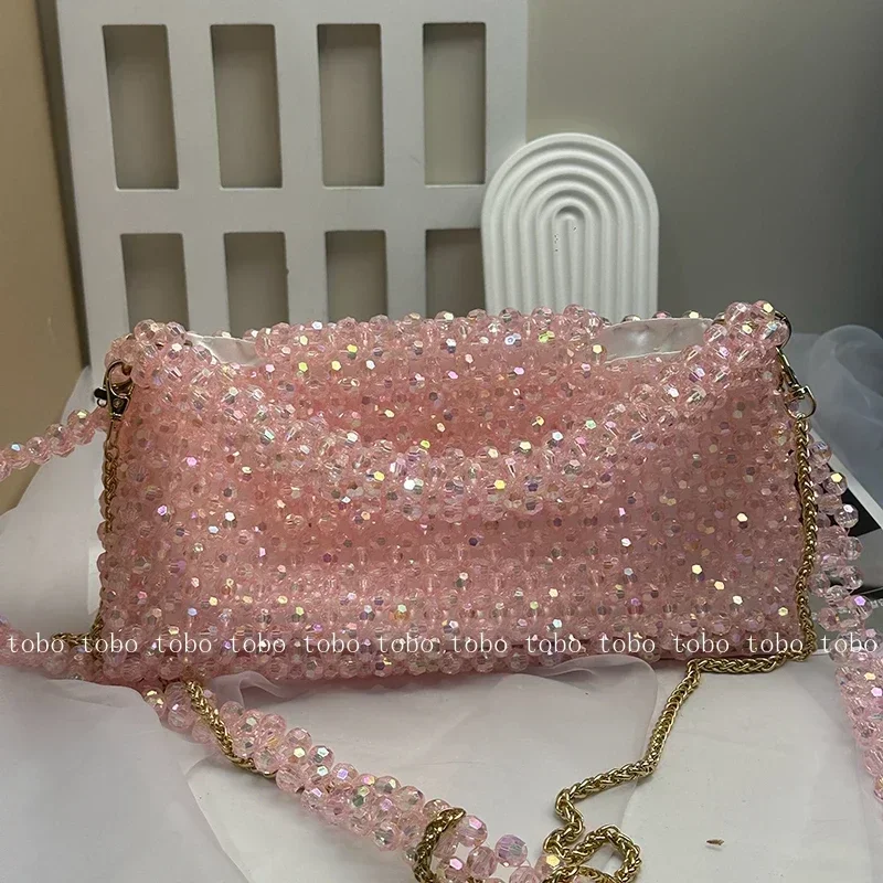 

Homemade Bead Woven Versatile Flap Pockets with Inner Fantasy Luxury High-end Crystal Bag Two Long Belt Handbags for Women