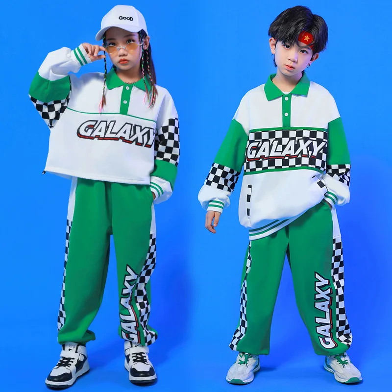 Kid Hip Hop Clothing White Green Polo Sweatshirt Checkered Casual Jogger Sweat Pants for Girl Boy Dance Costume Clothes Outfits