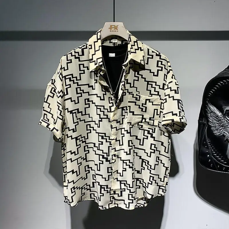 2024 Summer Fashion High-end Fashion Brand Hong Kong Style Casual Loose Oversized Lapel Print Short Sleeved Floral Shirt for Men