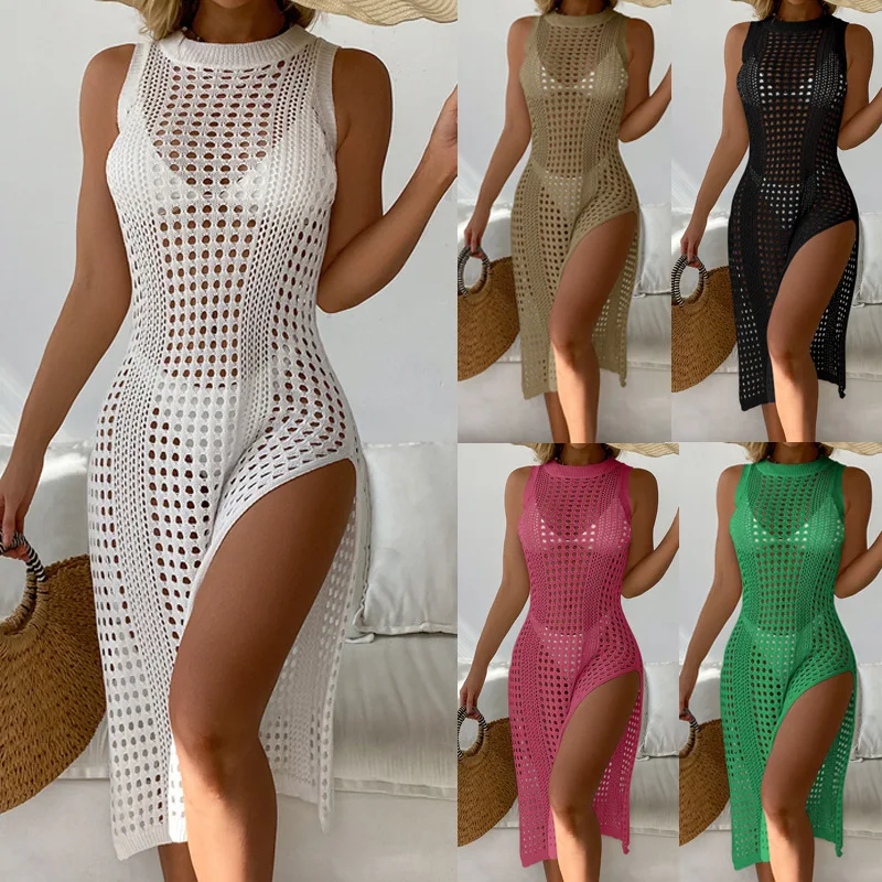 Abiti da donna con spacco a vita alta da spiaggia in maglia O collo estate 2024 nuova moda Casual senza maniche scava fuori il vestito lungo Slim