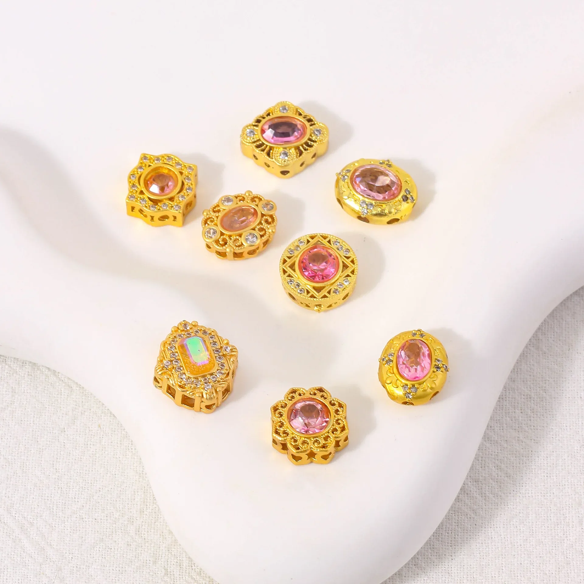 5 Pcs Copper Gold-plated Inlaid Pink Crystal Spacer Beads DIY Pearl Bracelet Necklace Hand String Jewelry Accessories Wholesale