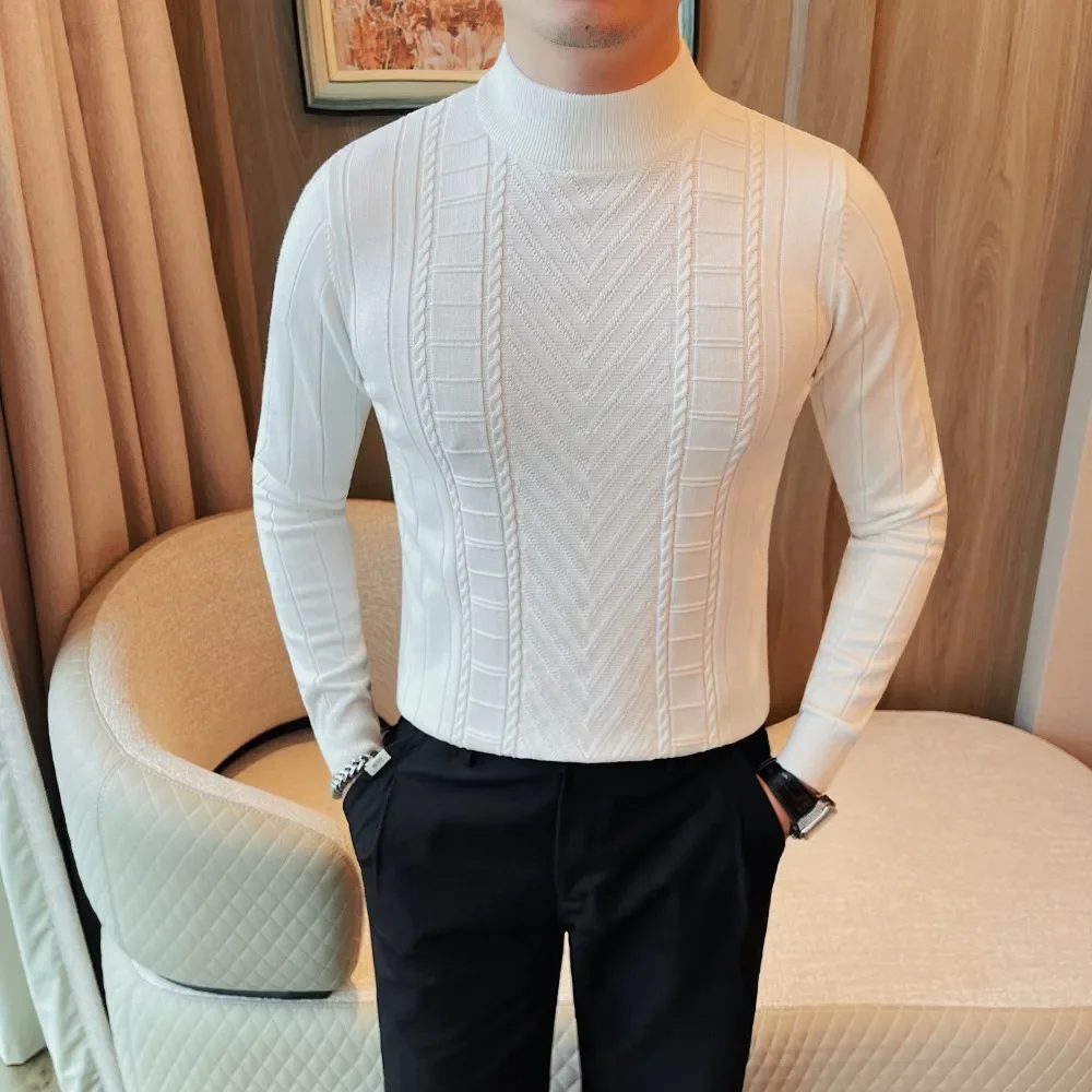 Men Knitted Pullover Sweater 2024 Winter New Warm Thickened Solid Casual Elastic Slim Fit Semi High Neck Sweater Men Clothing