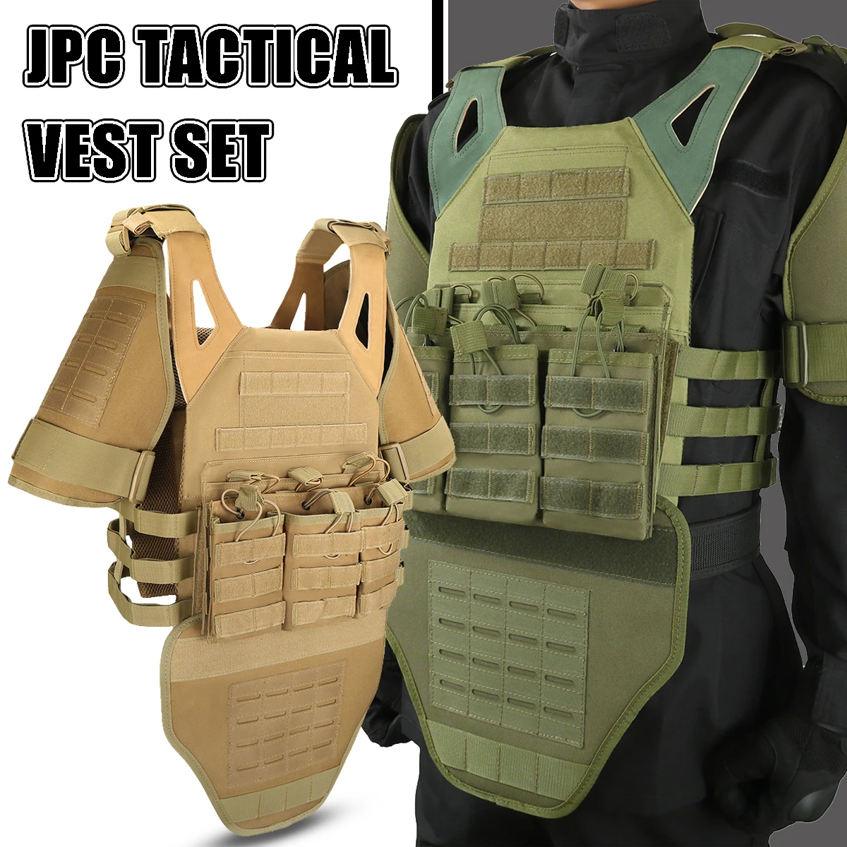 

Lightweight JPC Tactical Vest Set with Shoulder & Groin Protectors, Breathable Multi-functional Body Armor for Outdoor CS & Airs