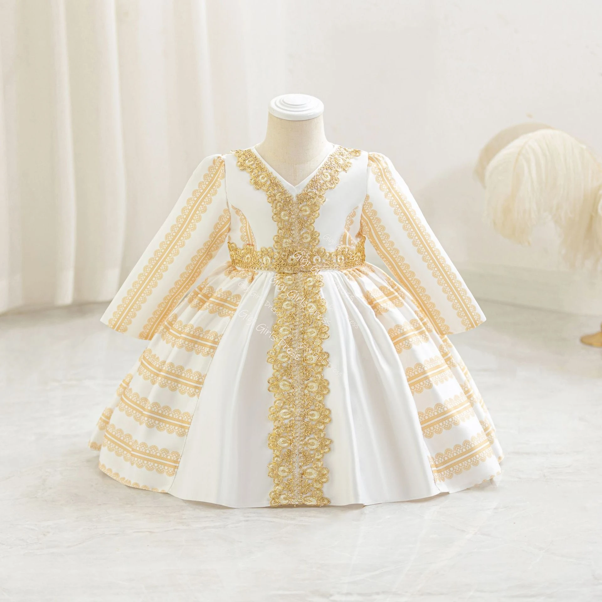 Платье принцессы для маленьких девочек с цветочным принтом и длинными рукавами, арабские халаты для малышей, золотое кружевное платье с поясом на день рождения, платье с цветочным узором для девочек