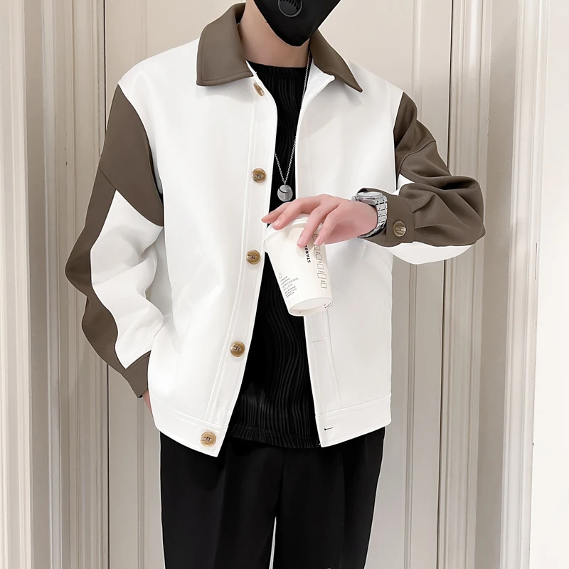 

Autumn New Color-blocking Lapel Collar Men Jacket Fashion Casual Korean Version Loose Travel Outwear Streetwear Men Clothing