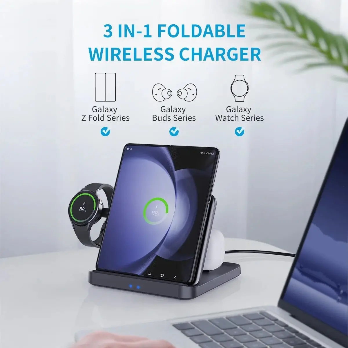 

3 in 1 Foldable Wireless Charger for Samsung Z Fold 6 S24 S23 S22 Buds Pro wireless charger station for Galaxy Watch charging