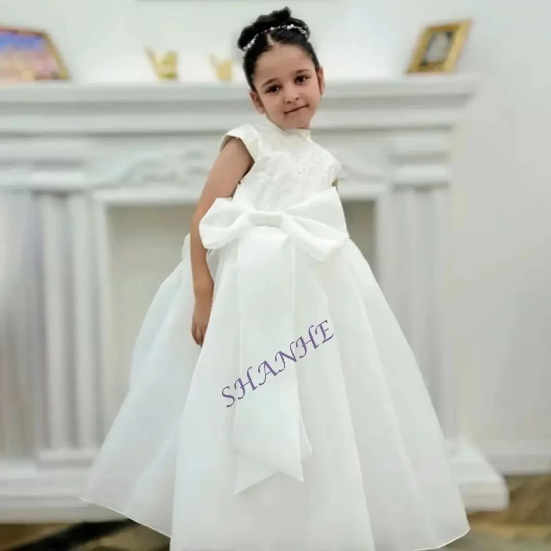 CustomizedBow Princess Long Ball Wedding Party Dress For Girl Ankle Length Applique Elegant Classic Style First Communion Gown N
