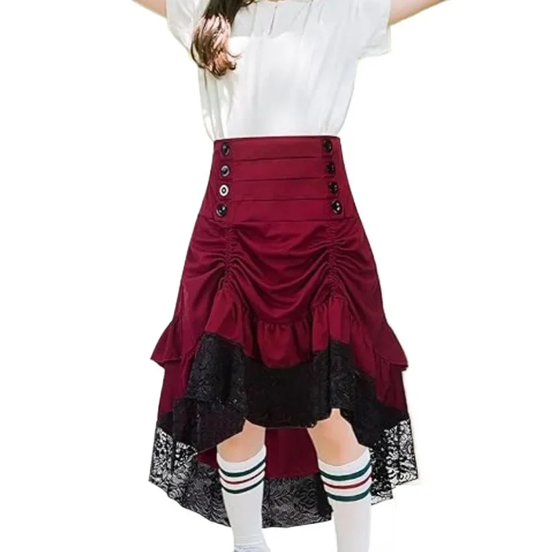 High Low Lace Hem Skirt Ruffle Shirred Burlesque Bustle Skirt Women Gypsy Gothic Punk Outfit Halloween Pirate Victorian Costume