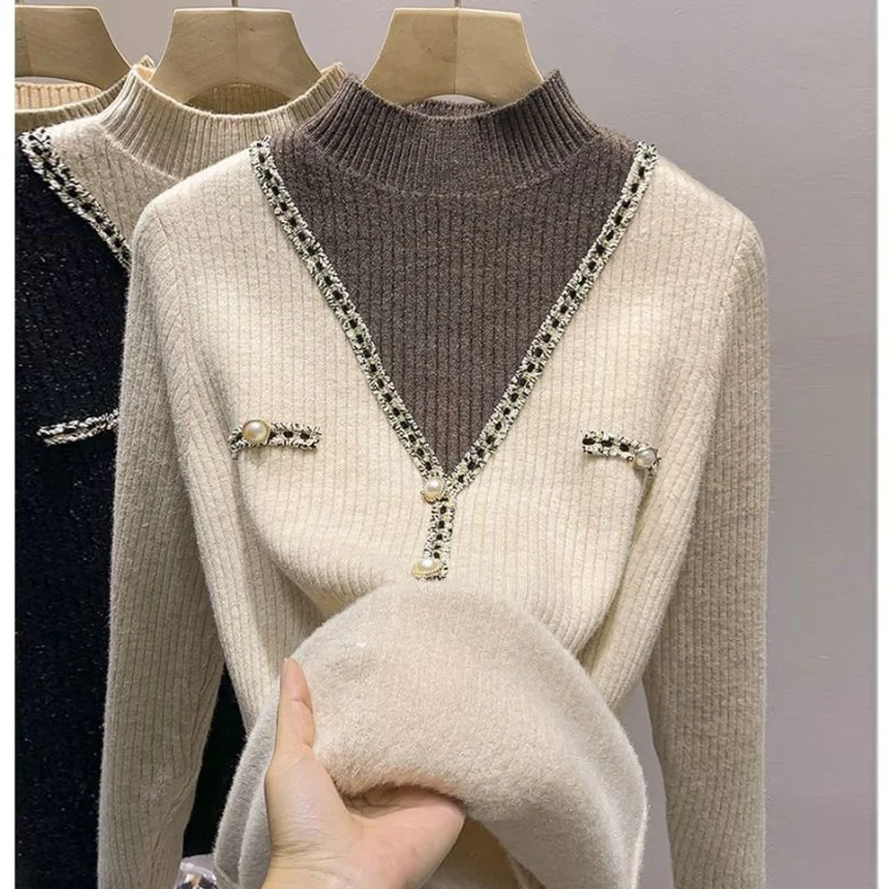 Autumn and Winter New Fashion Plush Thickened Half High Collar Fake Two Piece Sweaters Women's Knitted Underlay