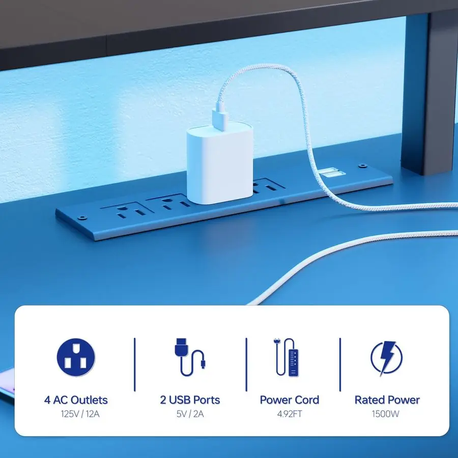 64 Inch L Shaped Gaming Desk with Power Outlets and Led Lights, Large Corner Computer Desk with Monitor Stand and Pegboard, PC