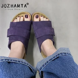 JOZHAMTA Size 35-39 Women Casual Slippers Real Leather Low Heels Summer Shoes Slouchy Beach Daily Slides Sandals Purple Dress