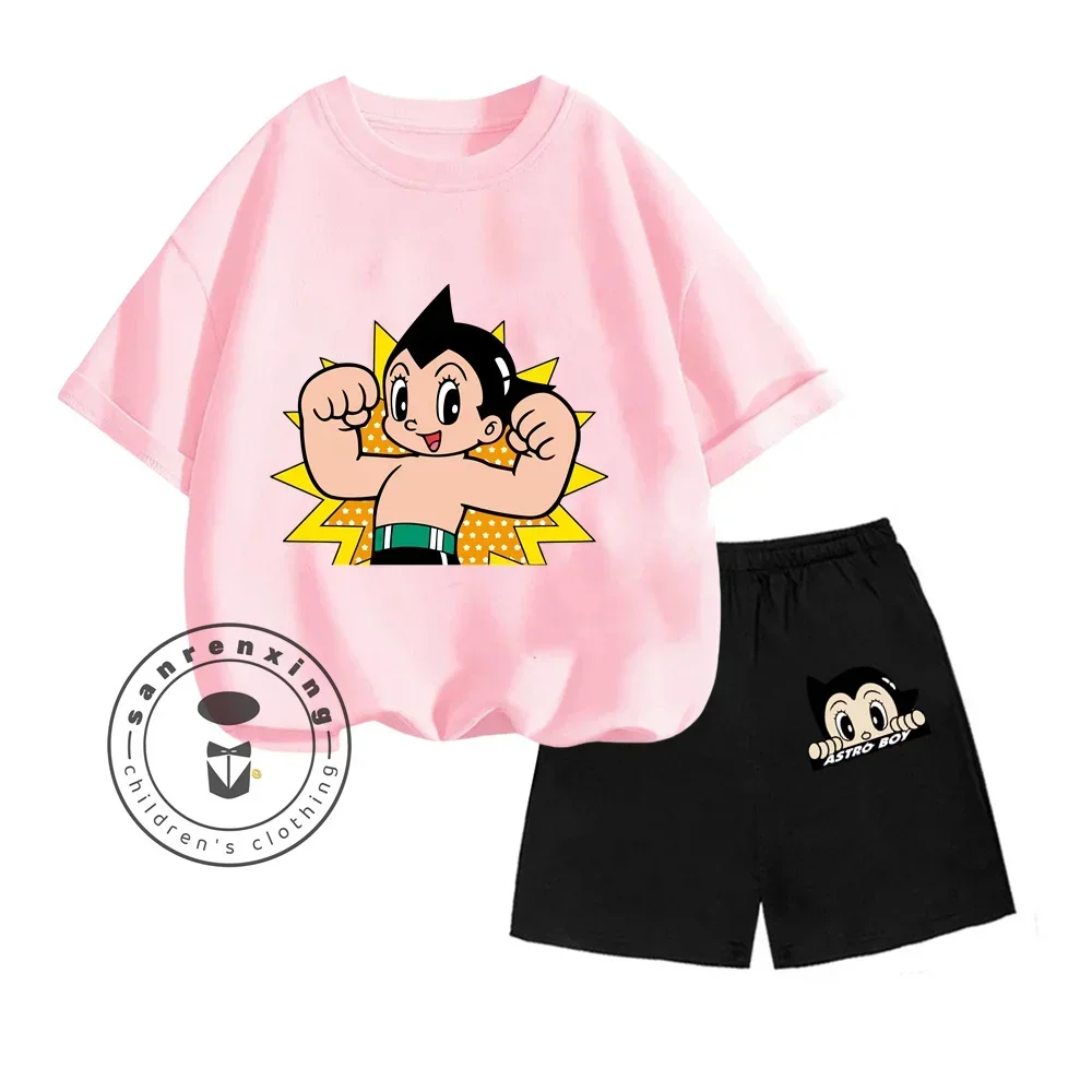 Summer Astroboy Cartoon Animated Print Design Casual Classic O-neck Short Sleeve and Stretchy Shorts Children's Two-piece Set