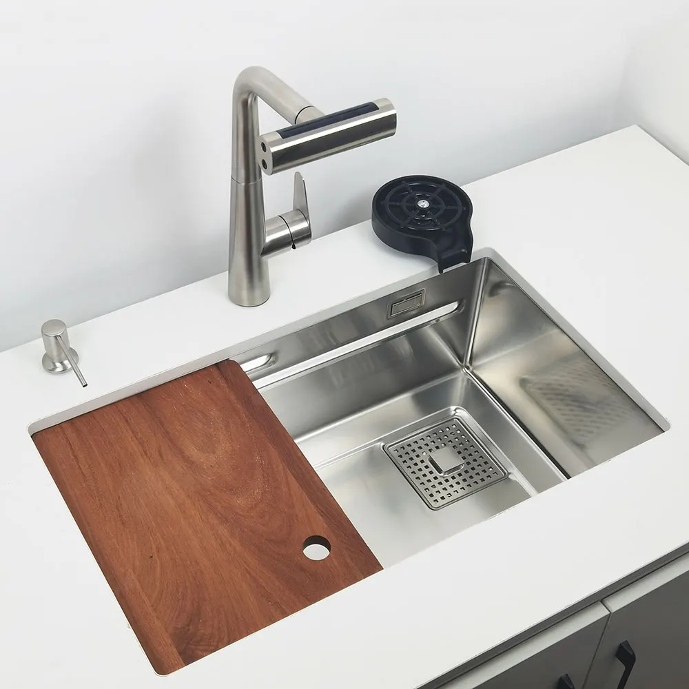 Unterbau-Küchenspüle aus 304 Edelstahl mit Wasserfallarmatur, Multifunktionale Einzelwaschbecken – Detail 9