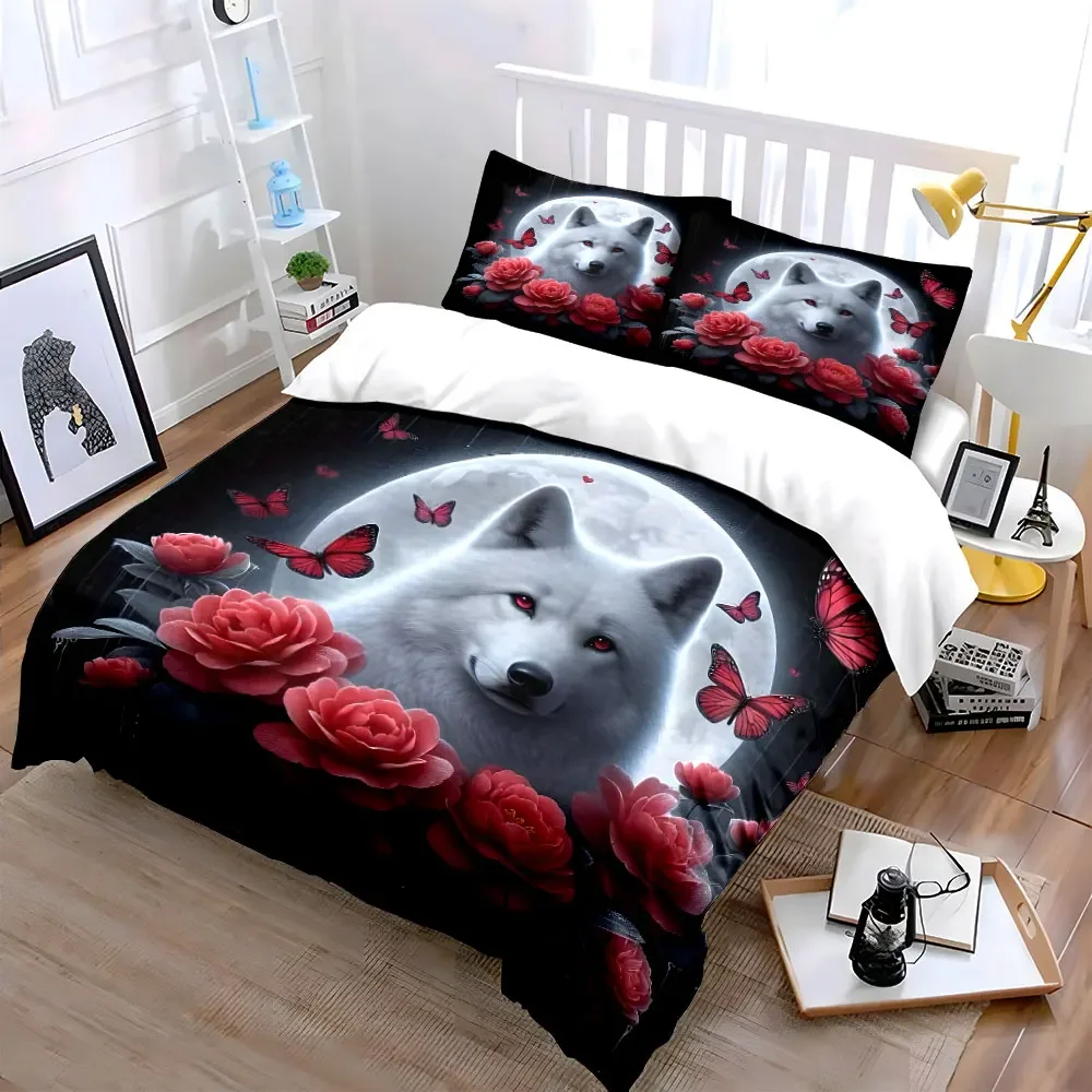 Wolf Moon Floral Decor Set Soft Comfortable Duvet Cover Bedding Set Included 1*Duvet Cover & 2*Pillowcases, gift