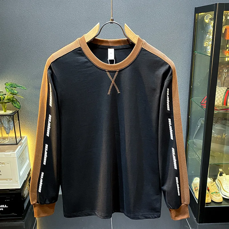 Long sleeved T-shirt base shirt men's 2024 autumn fashion color blocking trend retro round neck loose inner sweatshirt