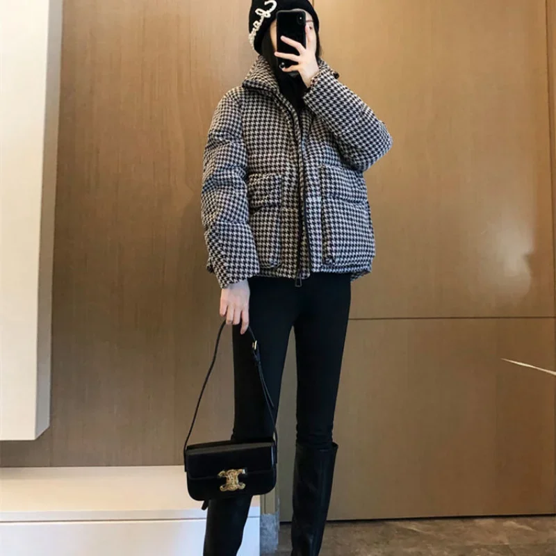 2023 New Winter Jacket Women Long Sleeve Parka Super Hot Plaid Korean Fashion Coat Short Tops Warm Casual Streetwear