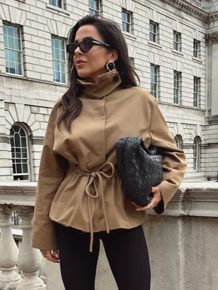 

HH Woman Autumn Casual Jacket Soild Turn-Down Collar Lace-Up Decoration Single-Breasted Woman Fashion Long-Sleeved Coat Trendy