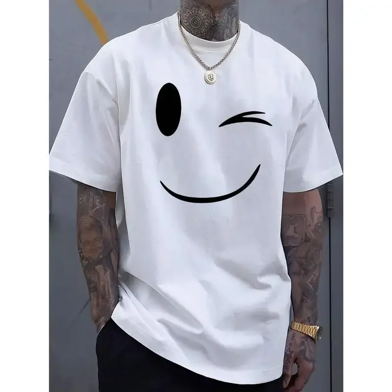 Men's Summer Casual T Shirt Fashionable Smiling Face Print Breathable Round Neck Short Sleeved Top