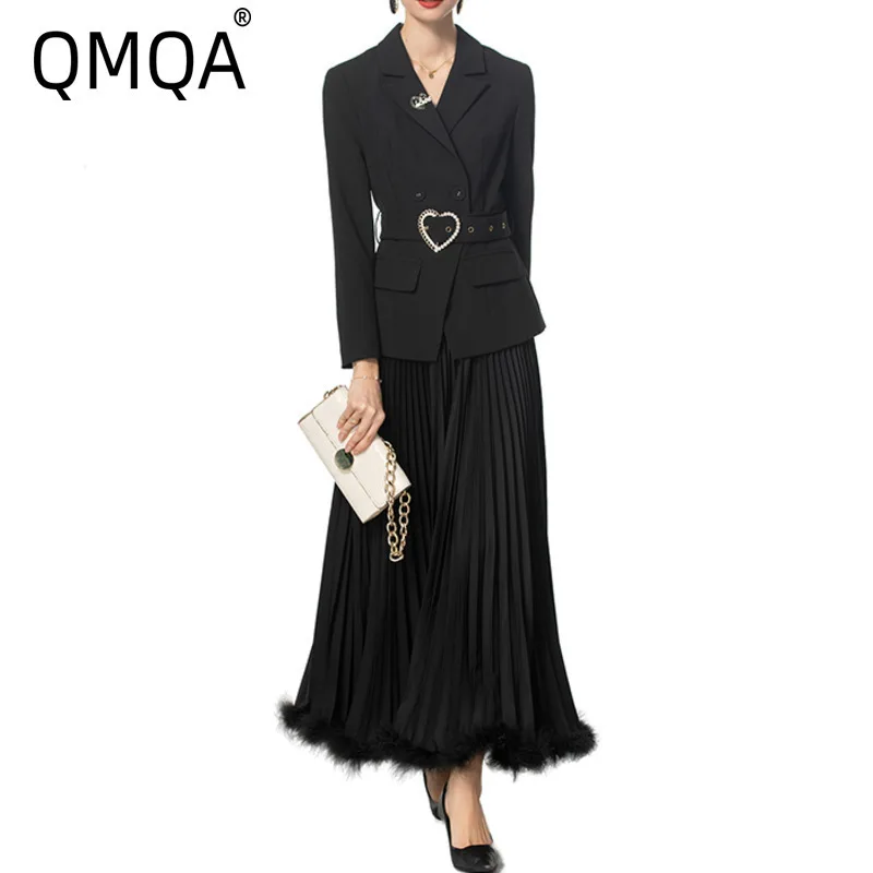 QMQA Fashion Women's 2 Pcs Sets Belt Long Sleeve Top+Elastic Waist Wrinkle Big Swing Feather Skirt Set Female New Clothing 1A829