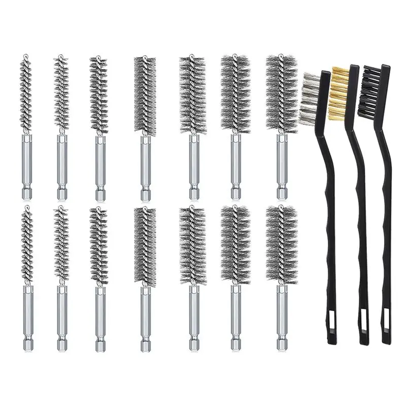 ABWR-16Pcs Wire Brush Set, Wire Bore Brush For Drill Impact Driver In 14 Sizes With Industrial Wire Brushes Durable