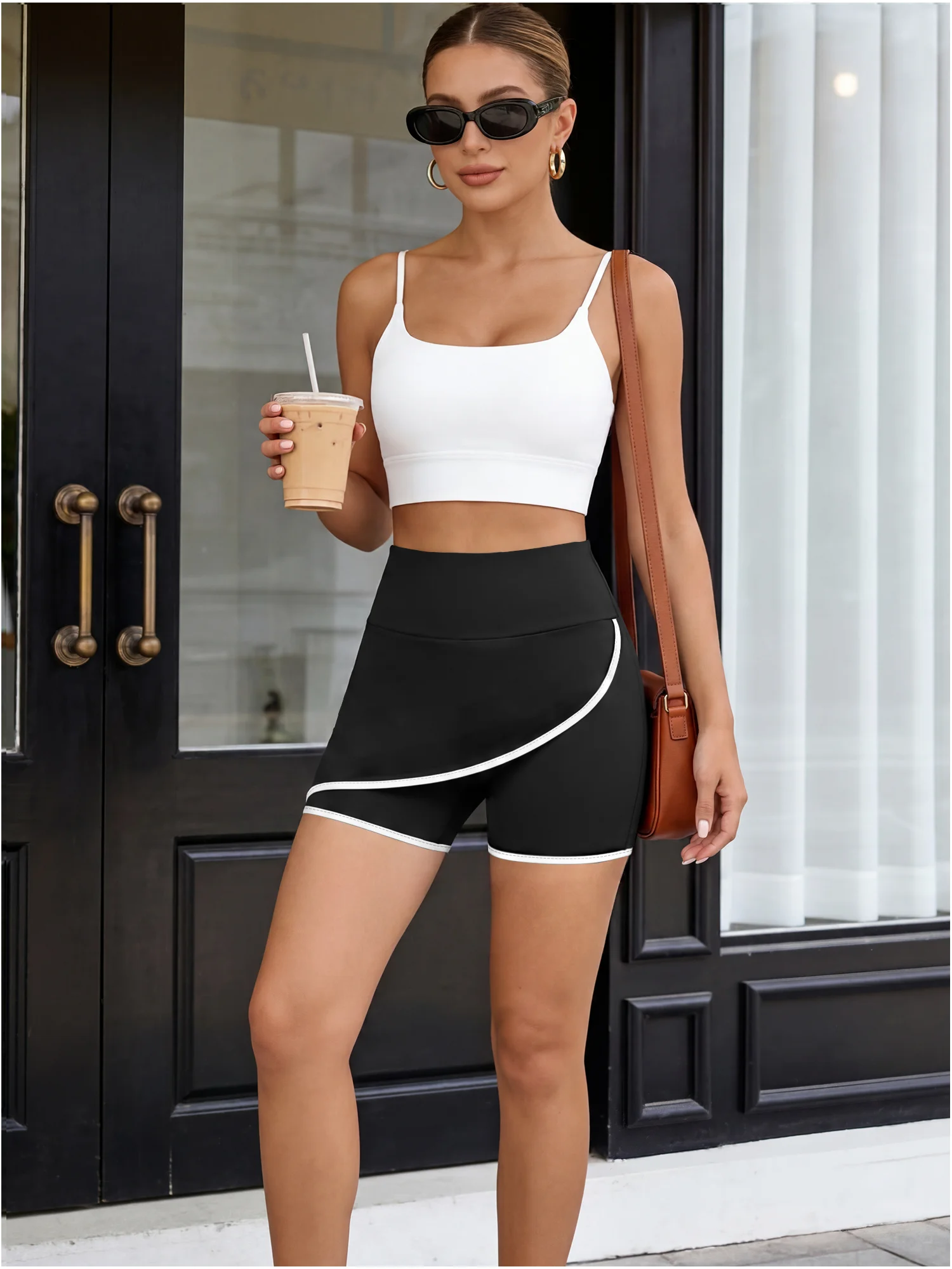 Travel Casual Contrast Line Short Pants Wrap Front High Waist Lightweight Women Outdoor Walking Daily Slim Bottom Shorts