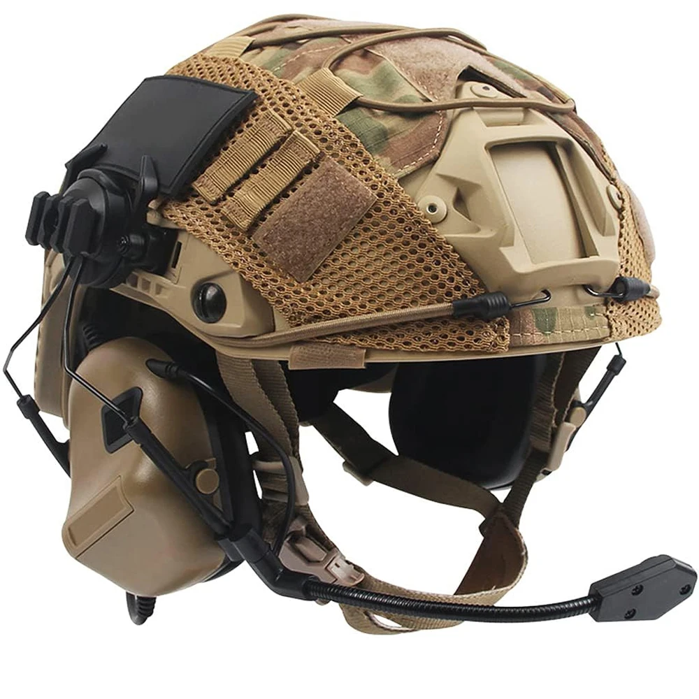 Airsoft Helmet Set with Tactical Headset and Camouflage Helmet Cover for Airsoft Paintball CS Game Hunting Shooting Gear