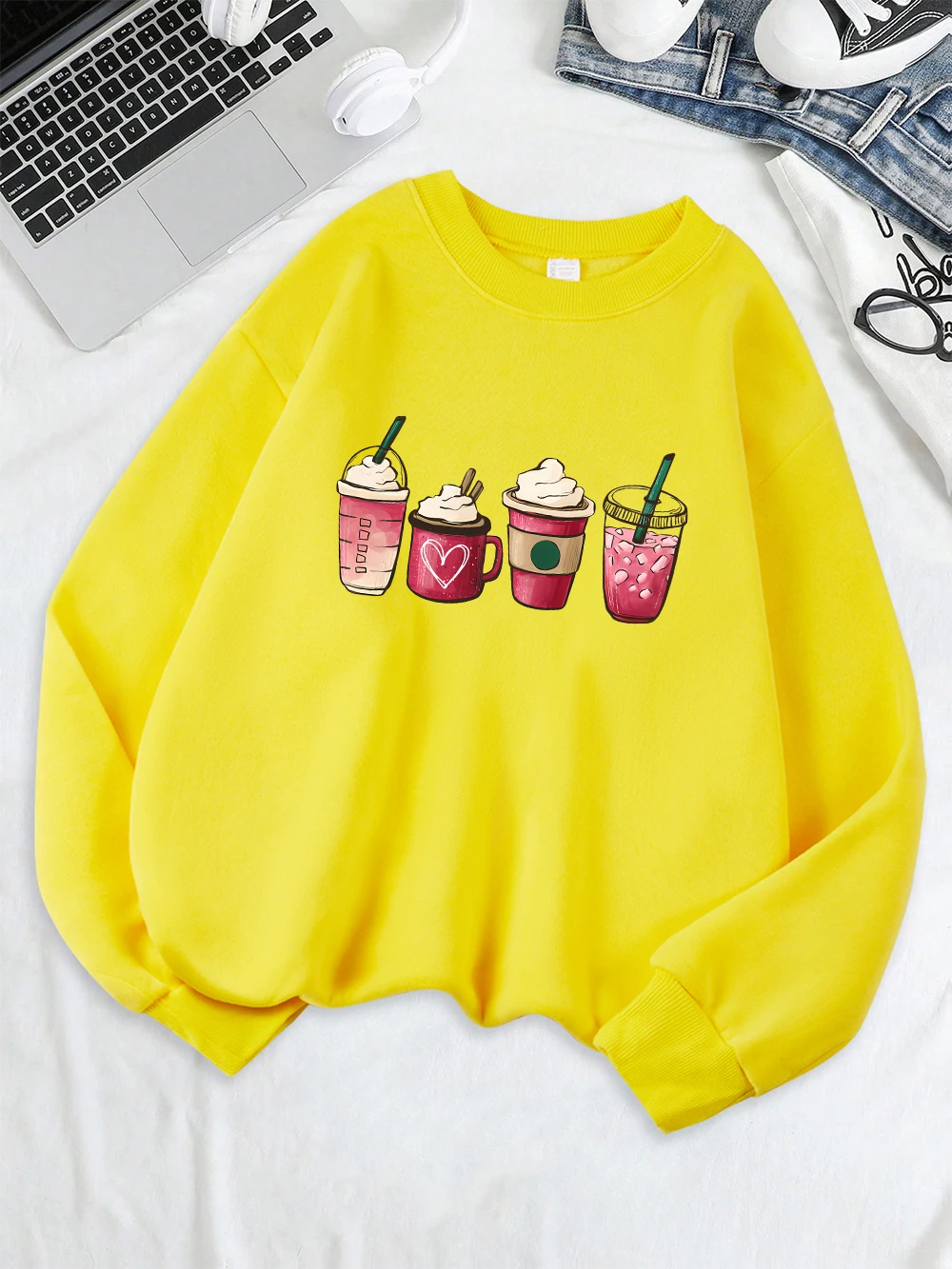 Stampa di bevande al gelato Felpe Girocollo da donna Nozioni di base Felpe con cappuccio in pile Abiti larghi caldi Inverno Comodo streetwear da donna