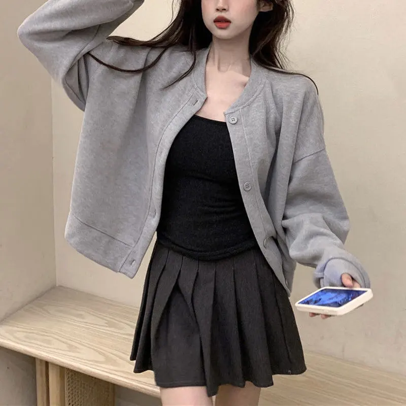 

Casual Solid Color Loose Coats Female Clothing Korean O-Neck Single-breasted Spring Autumn Long Sleeve All-match Short Jackets