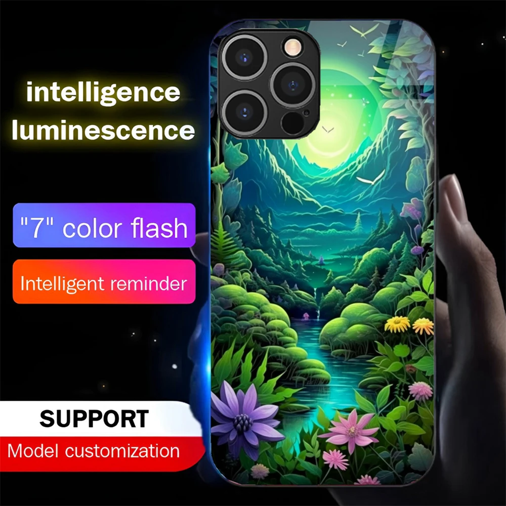 

Pretty Dreamy Forest Luminous Tempered Glass Phone Case LED Backlight Cover For iPhone 16 E 15 14 13 12 11 Pro Max X XS XR Plus