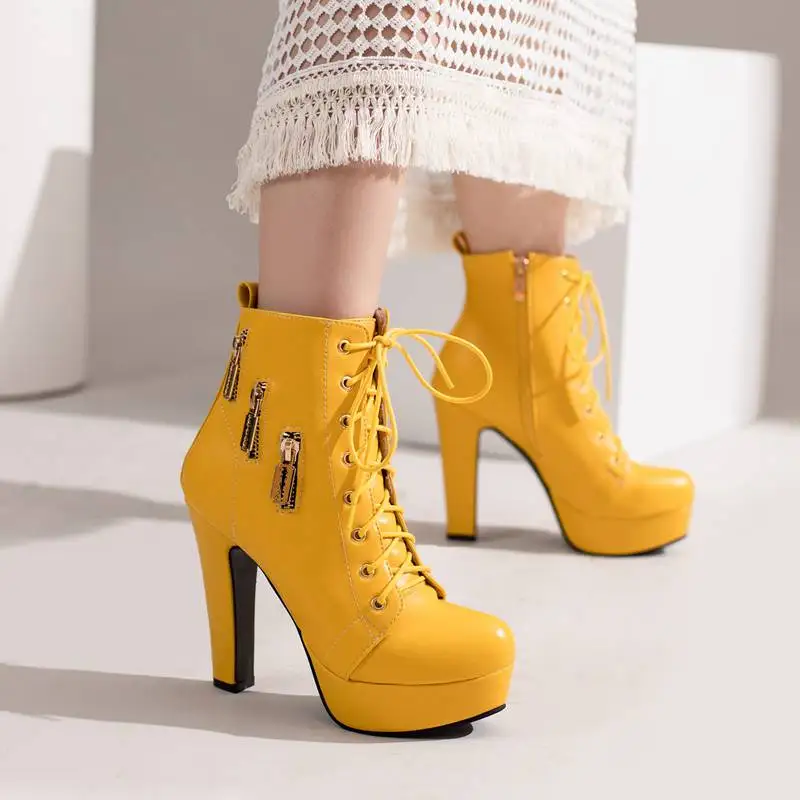 REAVE CAT Ladies Boots Ankle 10.5cm Round Toe Platform 2.5cm High Block Heel 12cm Lace-up Decoration Big Size 34-50