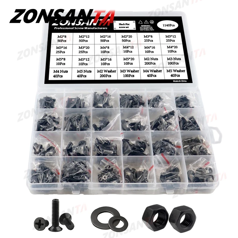 M1.4 M1.6 M2 M2.5 M3 M4 M5 Black Micro Phillips Cross Flat Countersunk Head Screw Mini Glasses Bolt Set Assortment Screws Box