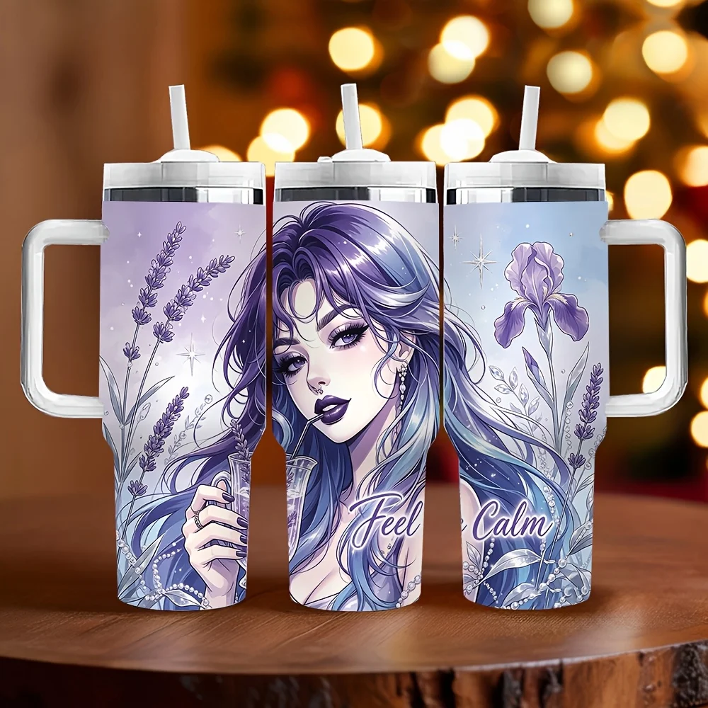 40Oz Tumbler with Handle And Straw, Purple Anime Girl Lavender Iris Print Long-Lasting Insulated Cup, Ideal Birthday Holiday Gift for Women, Suitable for Daily Use And Outdoor Activities