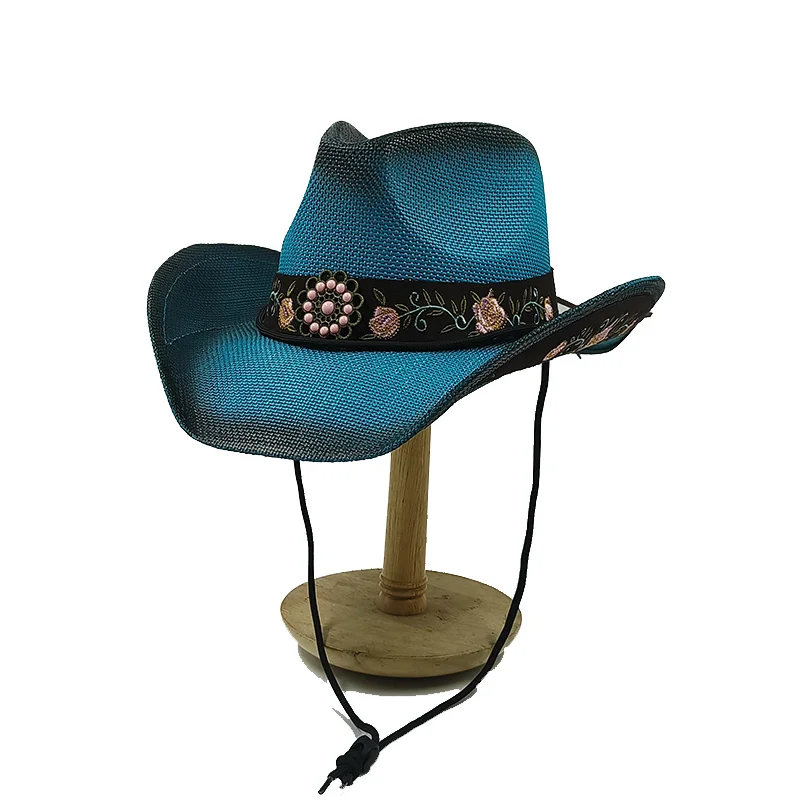 Western Cowboy Straw hat emboried flower women hat Large Brim straw hat summer cowboy Sunshade Jazz Hat sombrero vaquero hombr