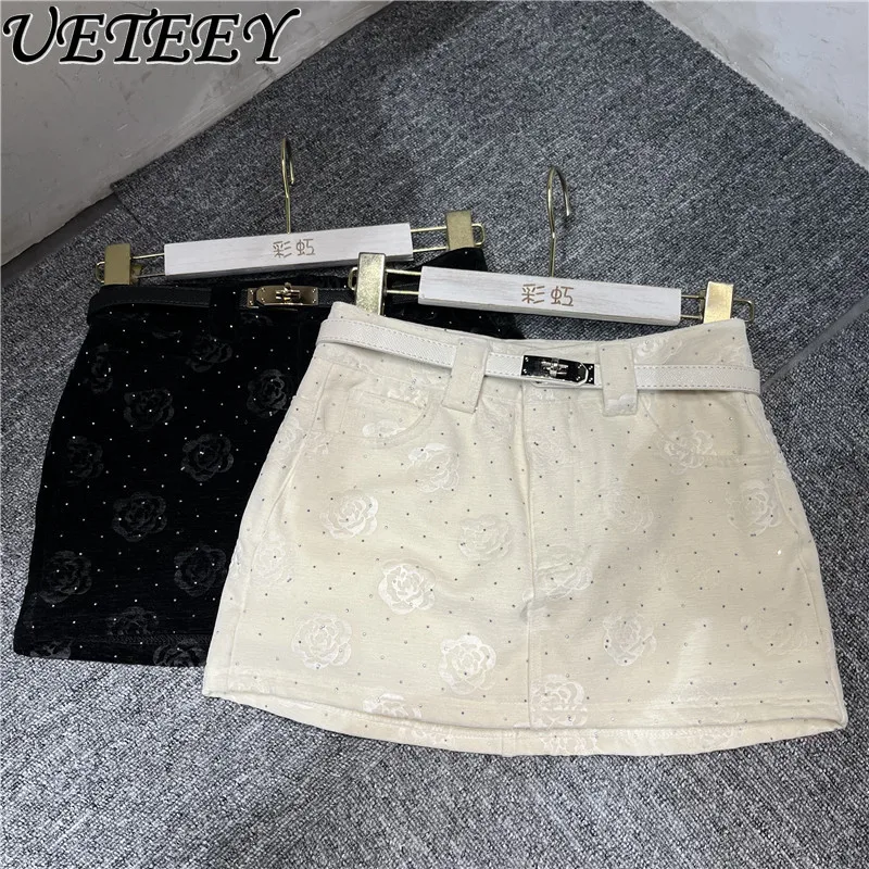 

Pure Desire Spice Girl Wind Hot Diamond Flower Hip Mini Skirt Women's Autumn and Winter New Sexy Thin with Belt Short Skirts