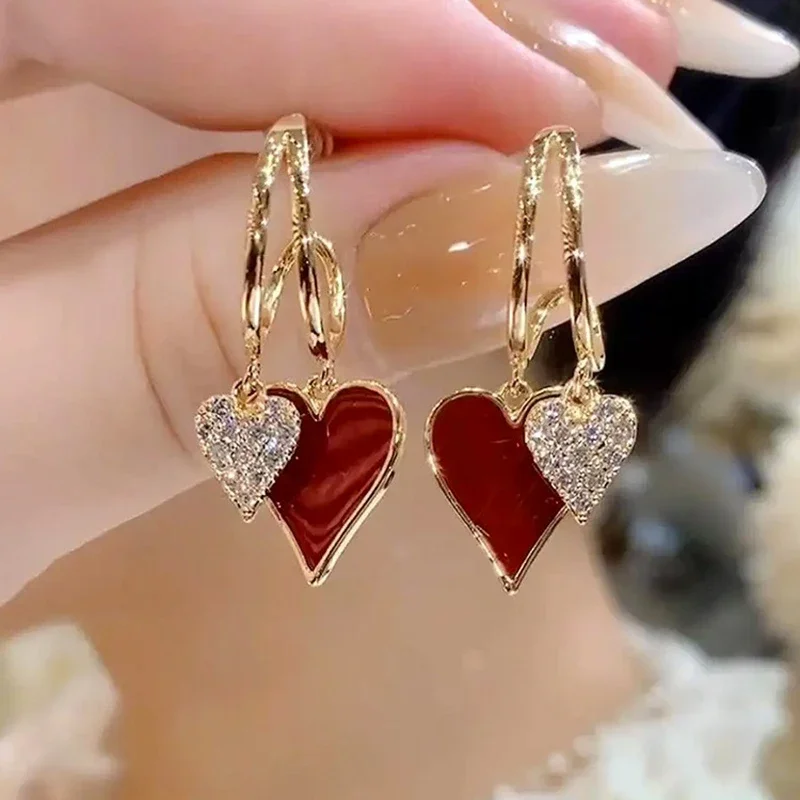 New Retro Oil Dripping Rhinestone Double Heart-shaped Pendant C-shaped Stud Earrings for Women Fashion Temperament Girls Jewelry