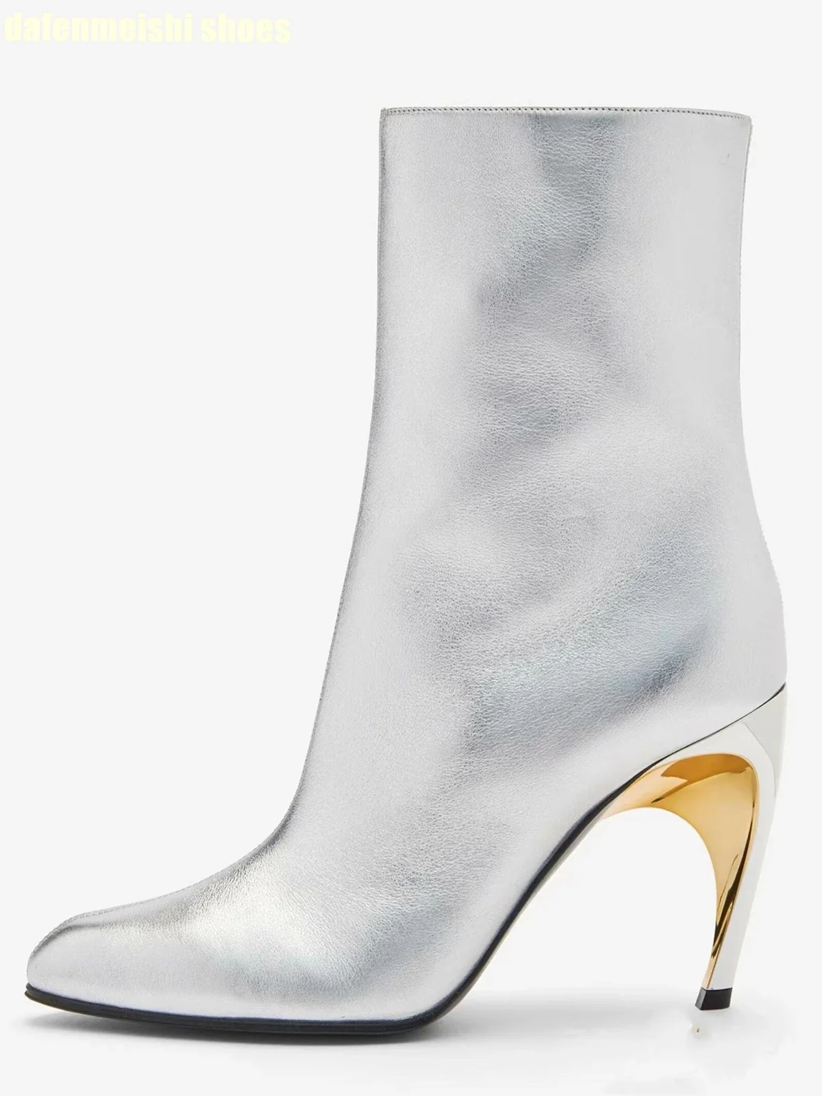 

2025 New Pointed Toe Mid-Calf Boots Side Zipper Metal Strange Style Stiletto High Heel Short Boots Black Fashion Women's Boots