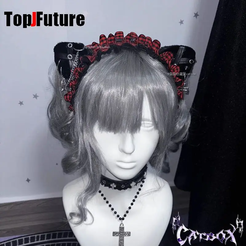 Subculture Y2K GIRL Women's Harajuku Steampunk Gothic Lolita Punk Dark lace Red checks flounce black eadband hair band Accessory