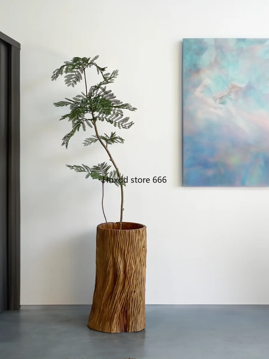 Wabi-sabi wind green plant floor-to-ceiling flower device solid wood flower growing  barrel decorative ornament retro large vase