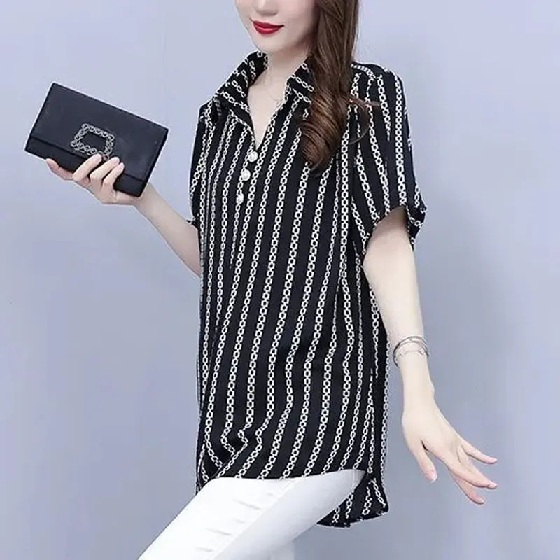 Summer Short Sleeve Blouse Turn-down Collar Stylish Button Female Clothing Casual Printed Loose Commute Korean Striped Shirt New