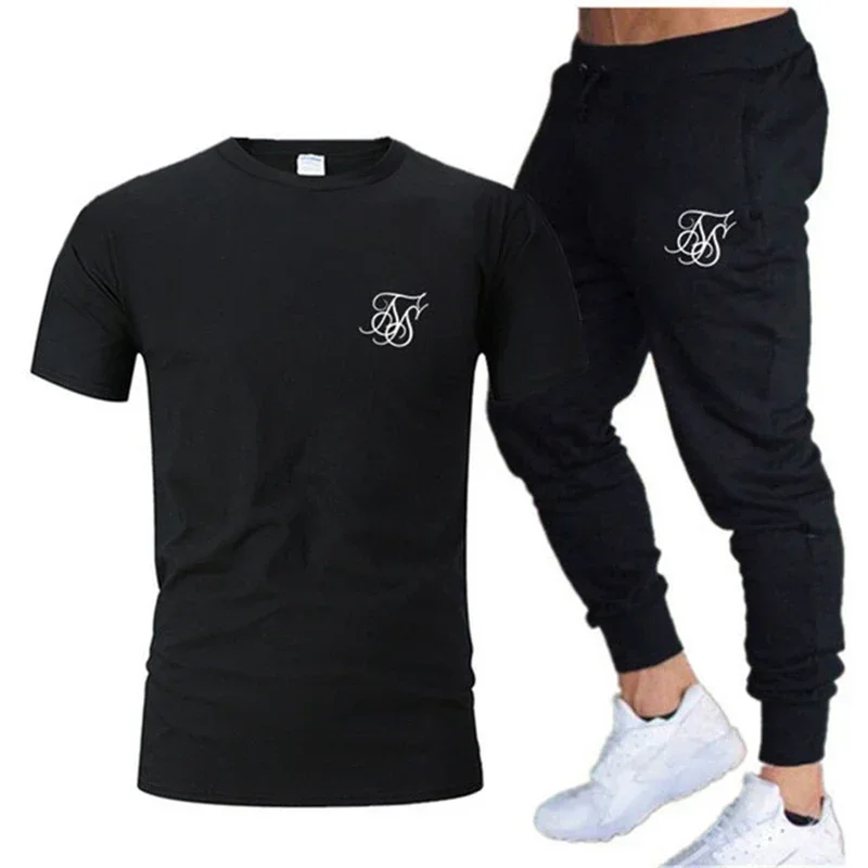 2024 New SikSilk Men\'s summer casual suit T-shirt + pants two casual sports suit men\'s sports fitness brand clothing sports suit