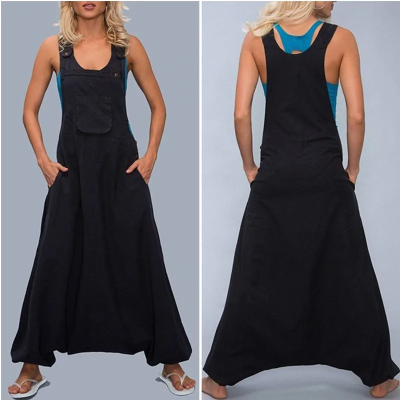 Womens Loose Jumpsuits Harem Pants Wide Leg Pants Sleeveless Pockets Bib Jumpsuit Siamese Trousers For Ladies Large Size S-5XL