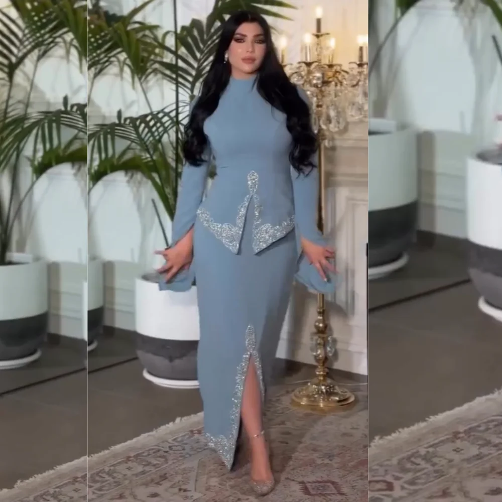 

Customized Exquisite Jersey Pleat Sequined Straight High Collar Long Dresses Bespoke Occasion Evening Sparkle Formal