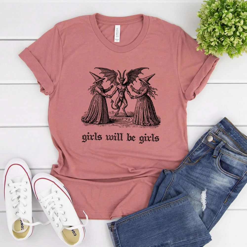 Girls Will Be Girls Witch Shirt Vintage Halloween T-Shirt Funny Feminist Tee Ironic Shirts Aesthetic Tshirt Spooky Witchy Tops