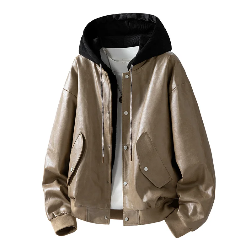 

Men's Casual Leather Jaet 2025 Autumn Season Motorcycle Riding PVC Fake Two-Piece Hooded Long Sve Coat Leisure Faion