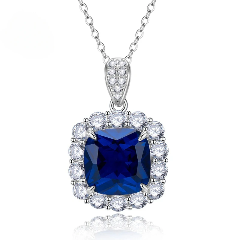 

2024 New 925 Pure Silver Sapphire 12 * 12 Fat Square Necklace Pendant for Women with European and American Luxury Setting