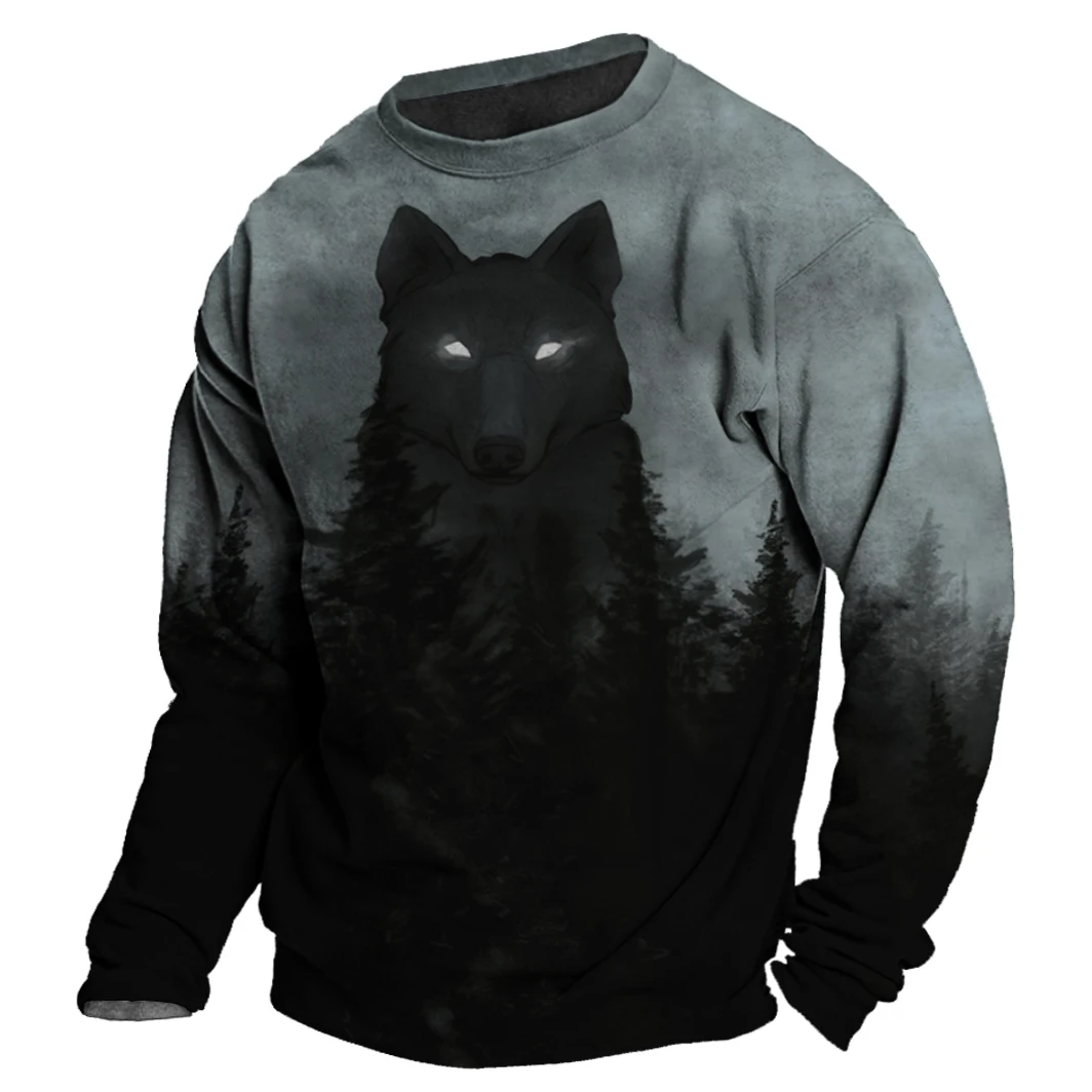 Men\'s Autumn Long Sleeve T-Shirt Wolf Animal Graphic 3d Print Tees Top Harajuku Pullover Casual Oversize Streetwear Male Clothes