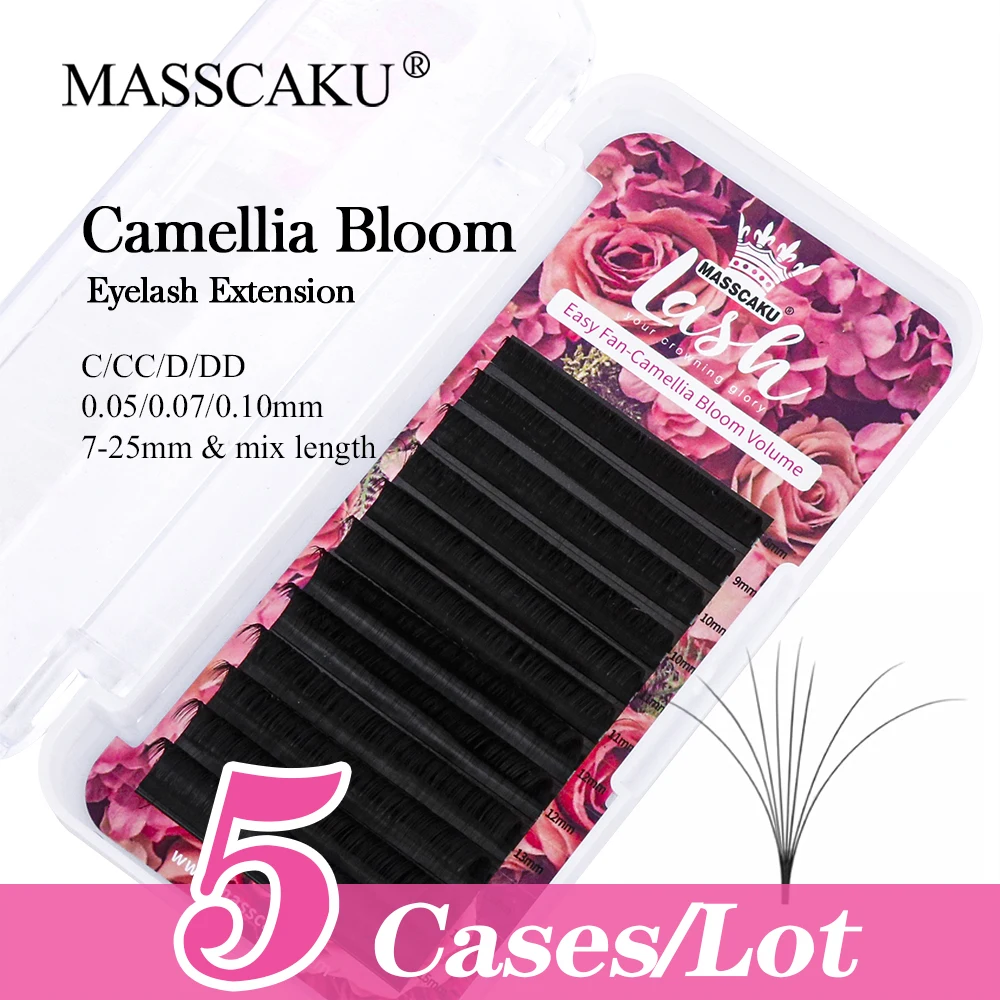 

MASSCAKU 5cases/lot New Style Professional Camellia Blooming Eyelash Extension Soft Natural Synthetic Silk 1S Flowering Lash Tra