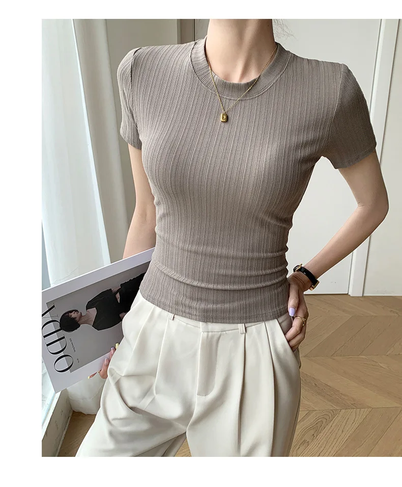Sommerliches neues Damen-Rundhals-T-Shirt, gestricktes Kurzarm-Oberteil, lässiges Allround-T-Shirt, gestreiftes Basic-Shirt, schmal geschnitten, atmungsaktiv – Detail 20
